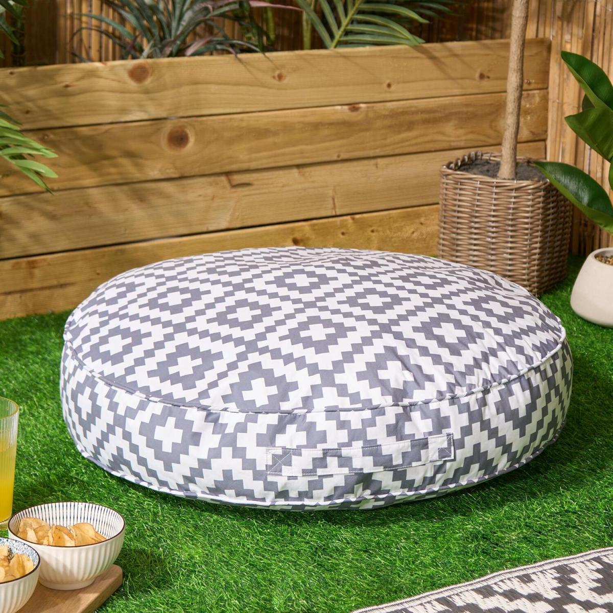 Geo Outdoor Round Filled Padded Cushion - Grey