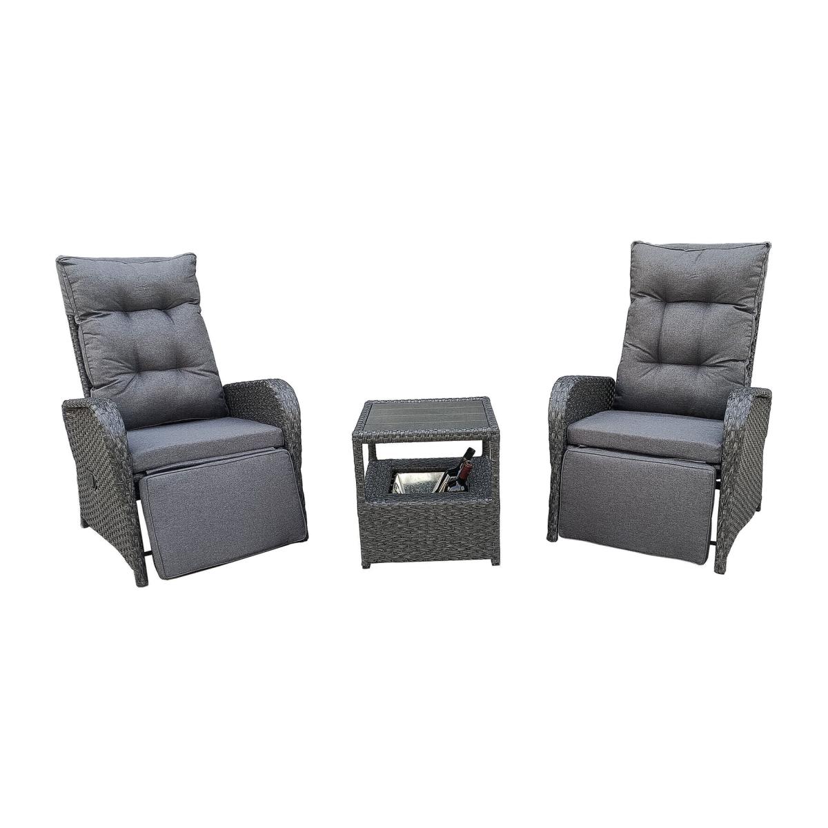 3 Piece Patio Lounge Chair Set Recliner Chair w Cushion Ice Bucket - Dark Grey