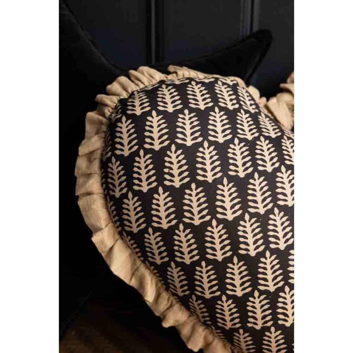 Black & Natural Leaf Ruffle Heart Cushion – image 5