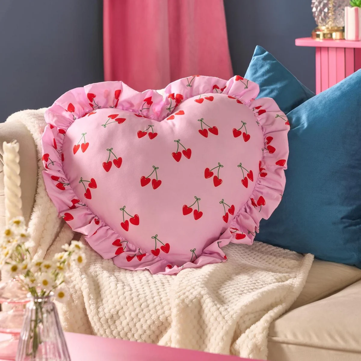 OHS Frill Heart Shaped Cherry Print Cushion - Pink/Green – image 2
