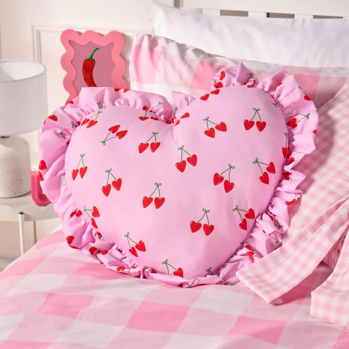OHS Frill Heart Shaped Cherry Print Cushion - Pink/Green – image 3