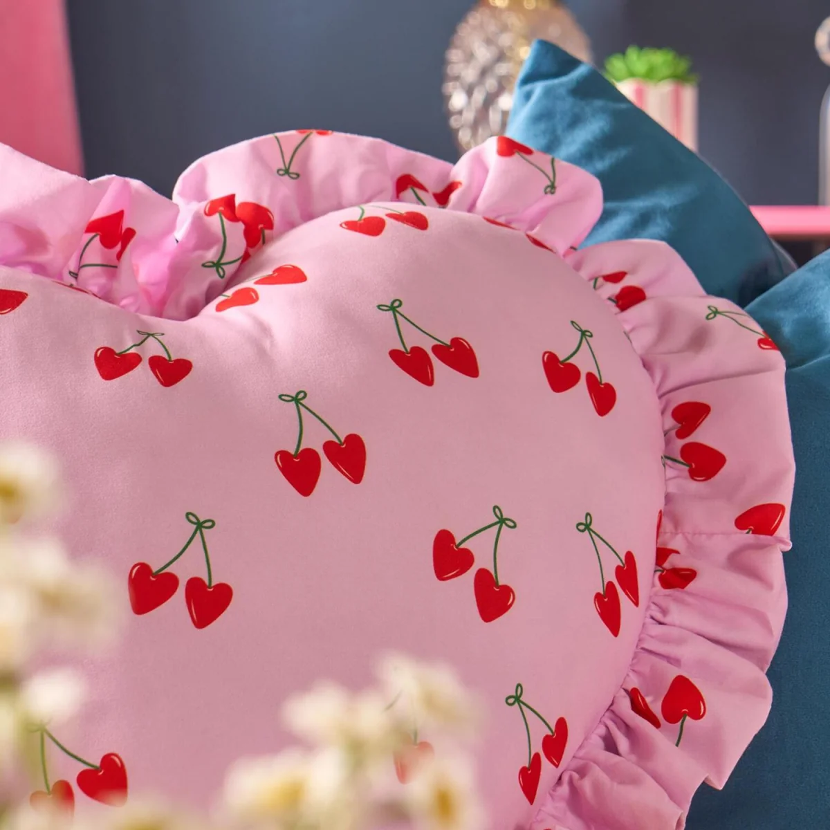 OHS Frill Heart Shaped Cherry Print Cushion - Pink/Green – image 4