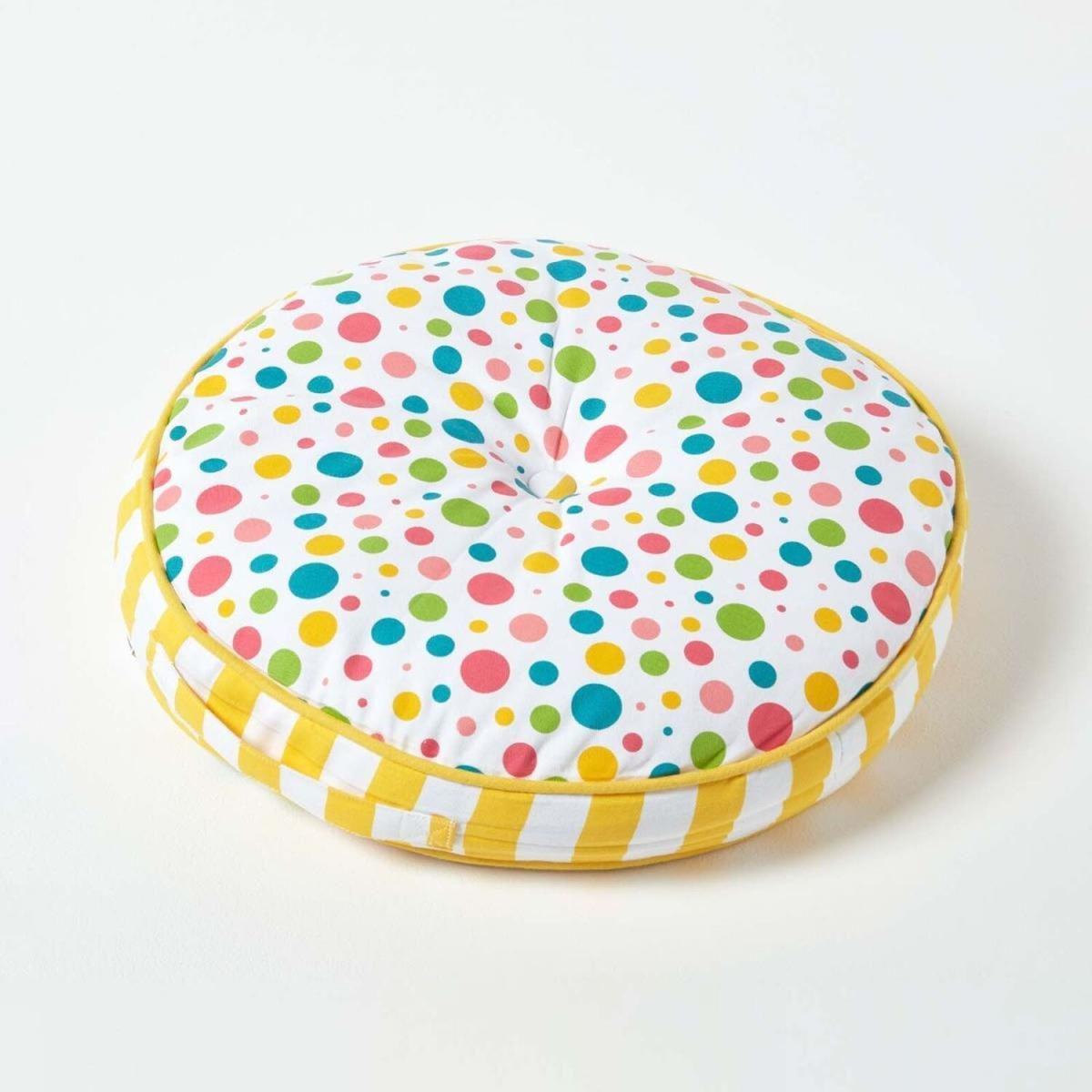 Multi Polka Dots Yellow Stripes Childrens Round Floor Cushion - Yellow – image 1