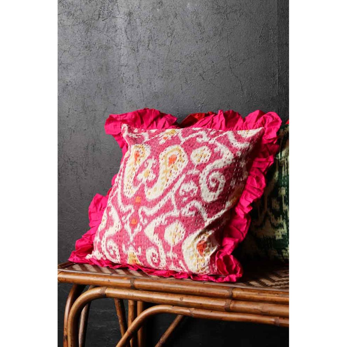 Fuchsia Ikat & Frill Cotton Cushion – image 2
