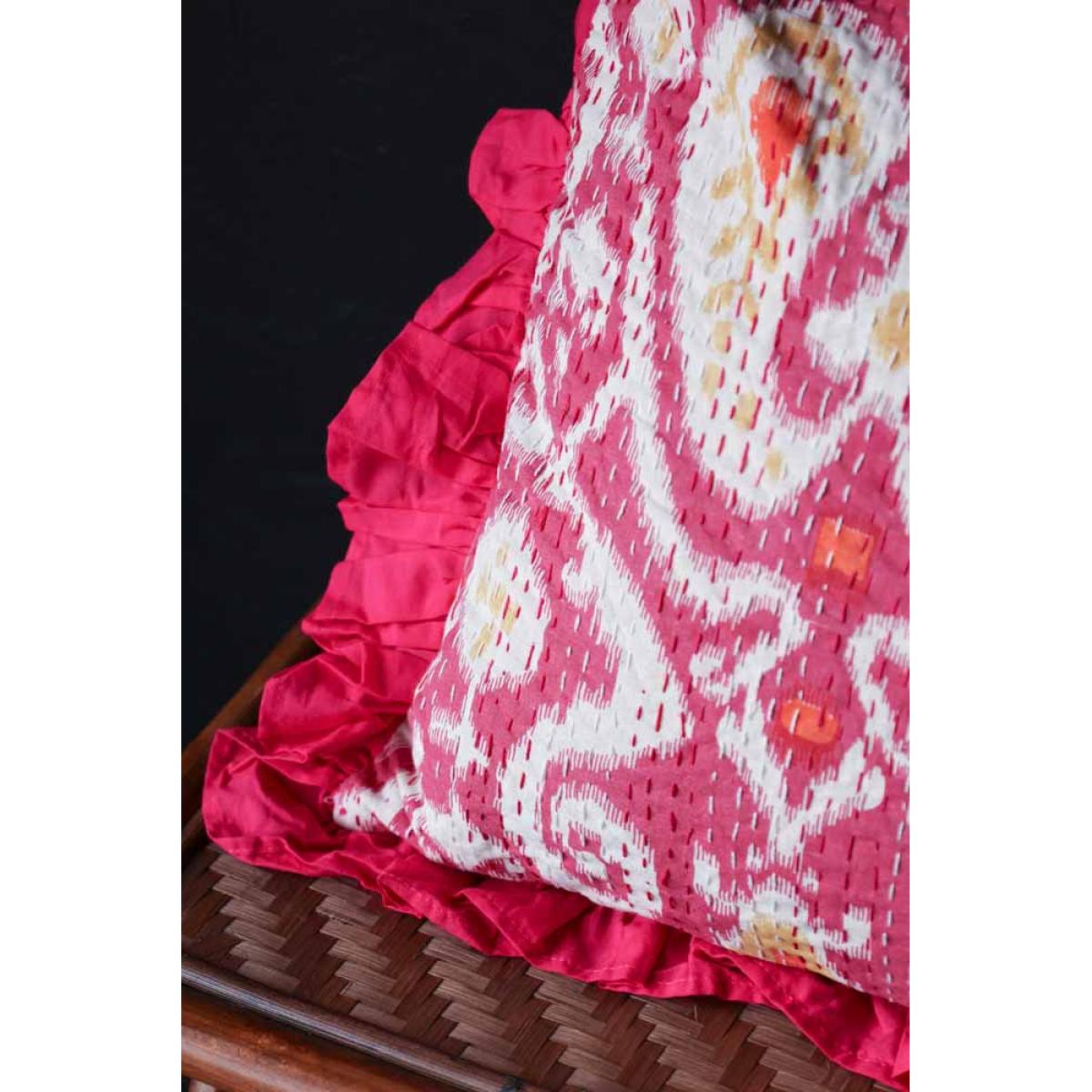 Fuchsia Ikat & Frill Cotton Cushion – image 3