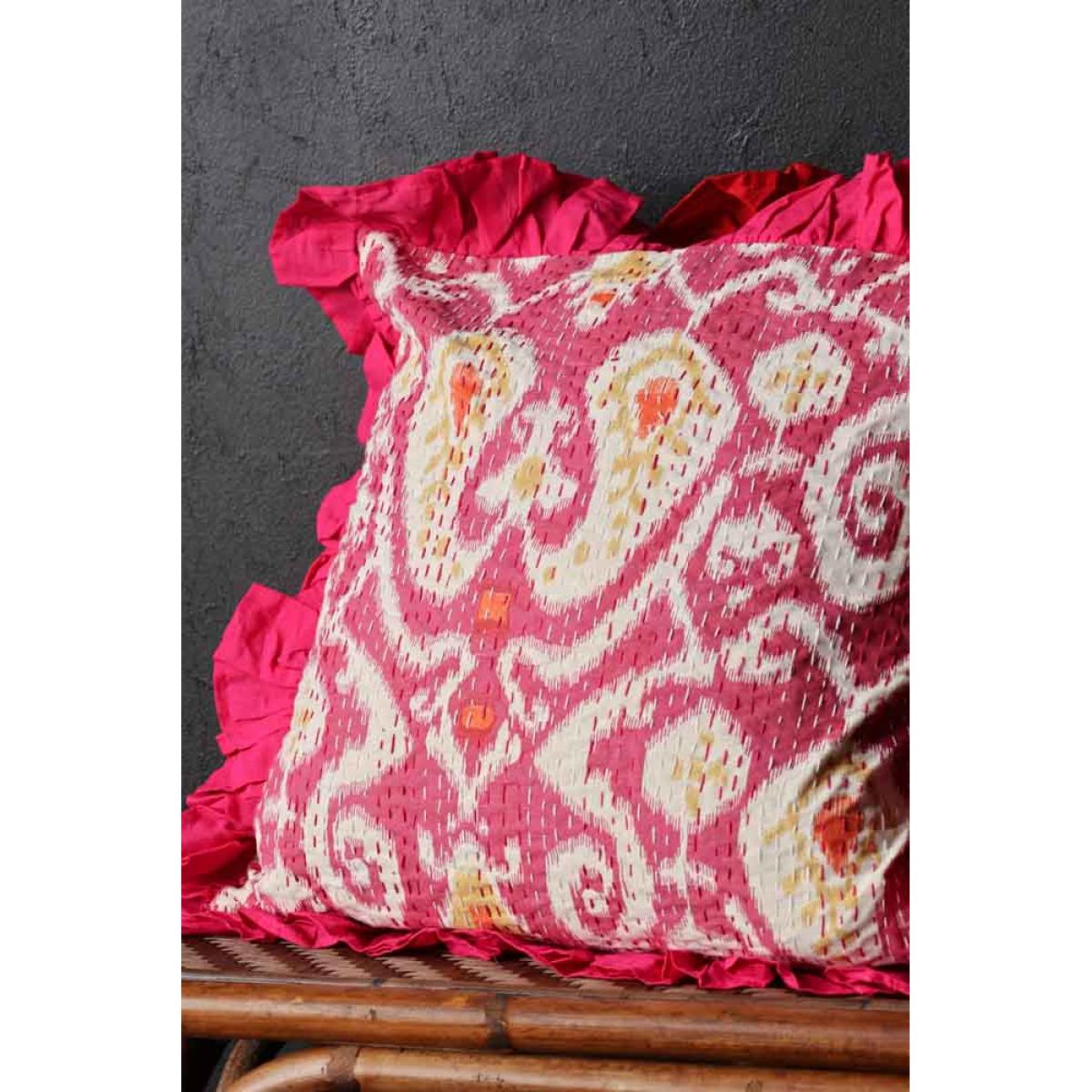 Fuchsia Ikat & Frill Cotton Cushion – image 5