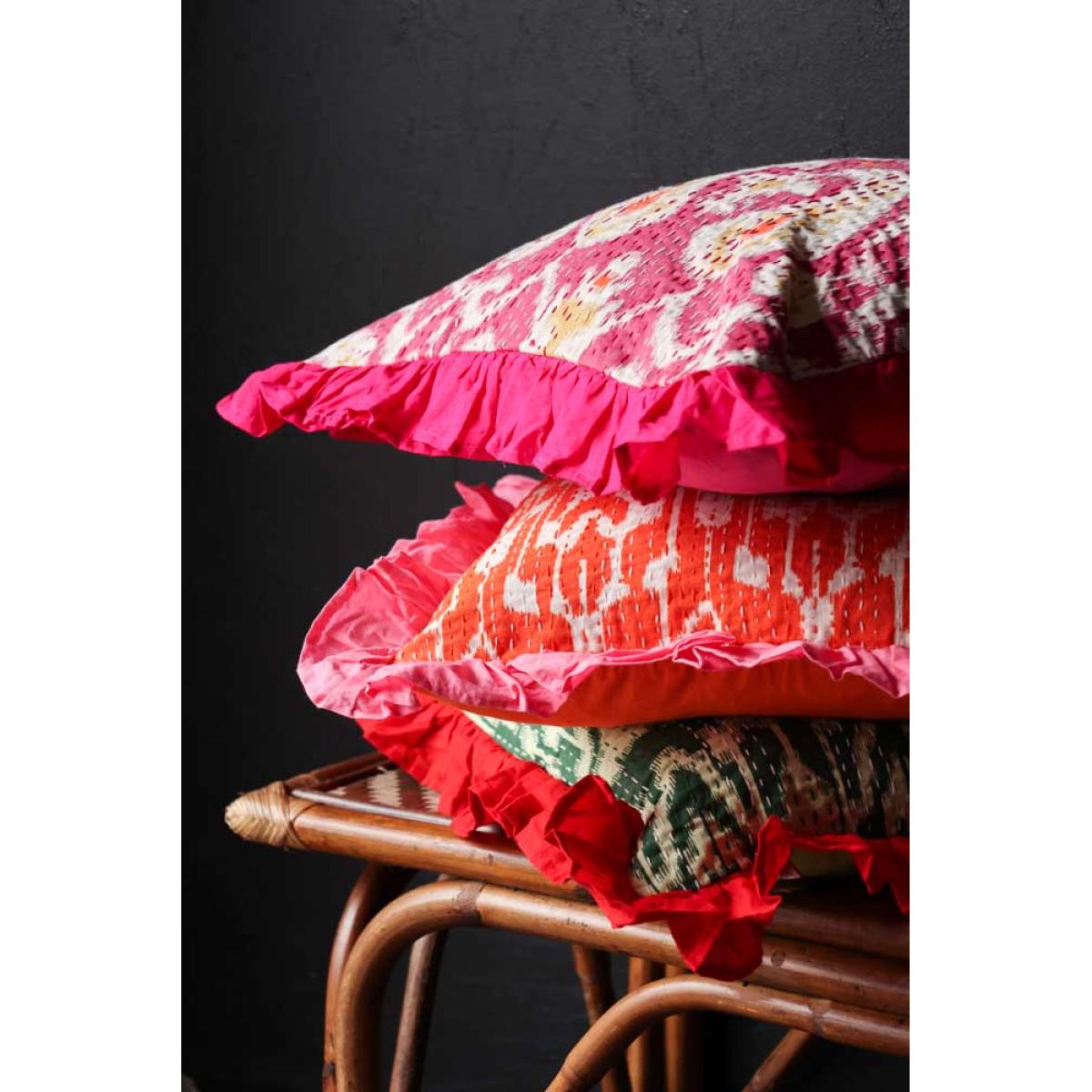Fuchsia Ikat & Frill Cotton Cushion – image 6