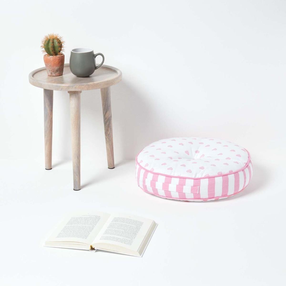 Pink White Hearts and Stripes Childrens Round Floor Cushion - Pink – image 2