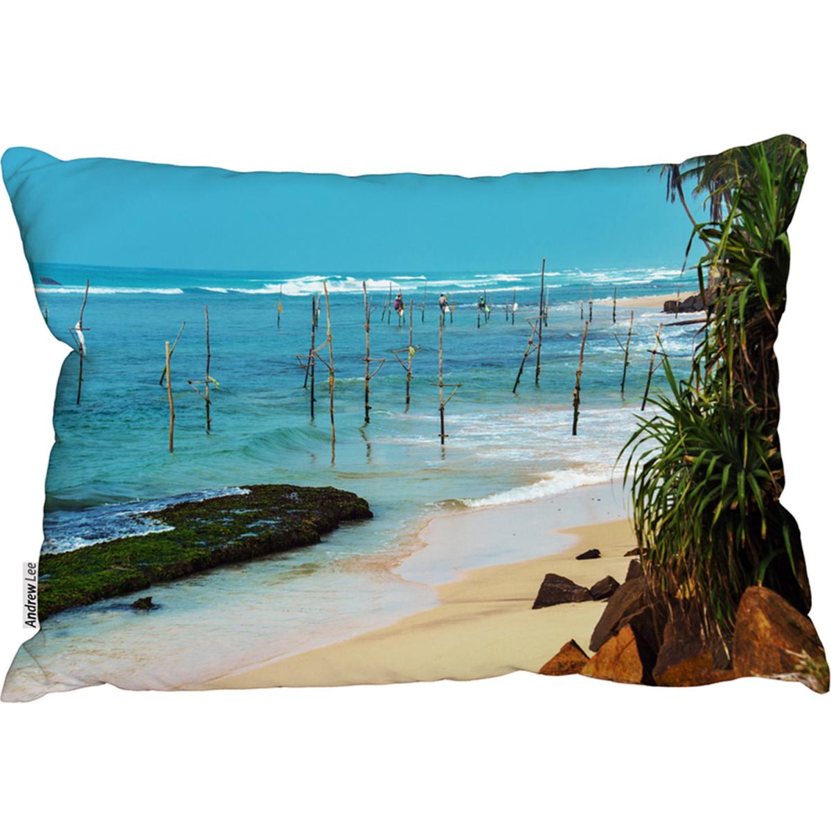 Fishermen On The Ocean Coast Of Sri Lanka Cushion - Blue – image 2
