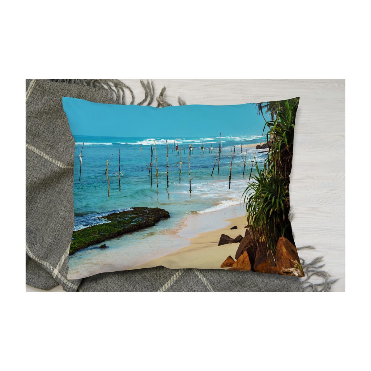 Fishermen On The Ocean Coast Of Sri Lanka Cushion - Blue – image 1