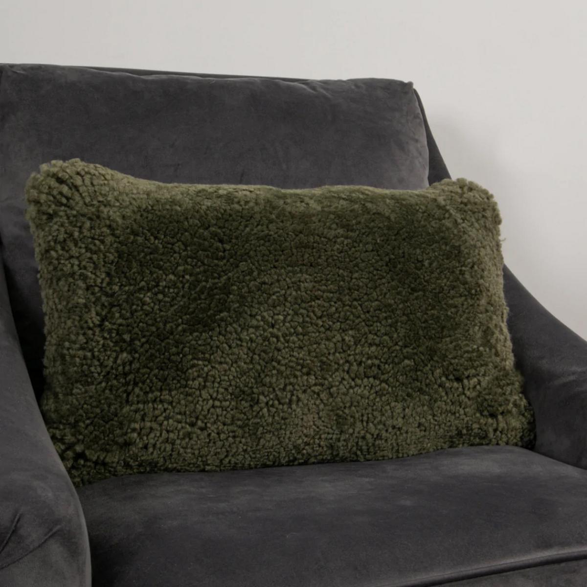 Talia Bolster Sheepskin Cushion in Khaki Green35x50cm