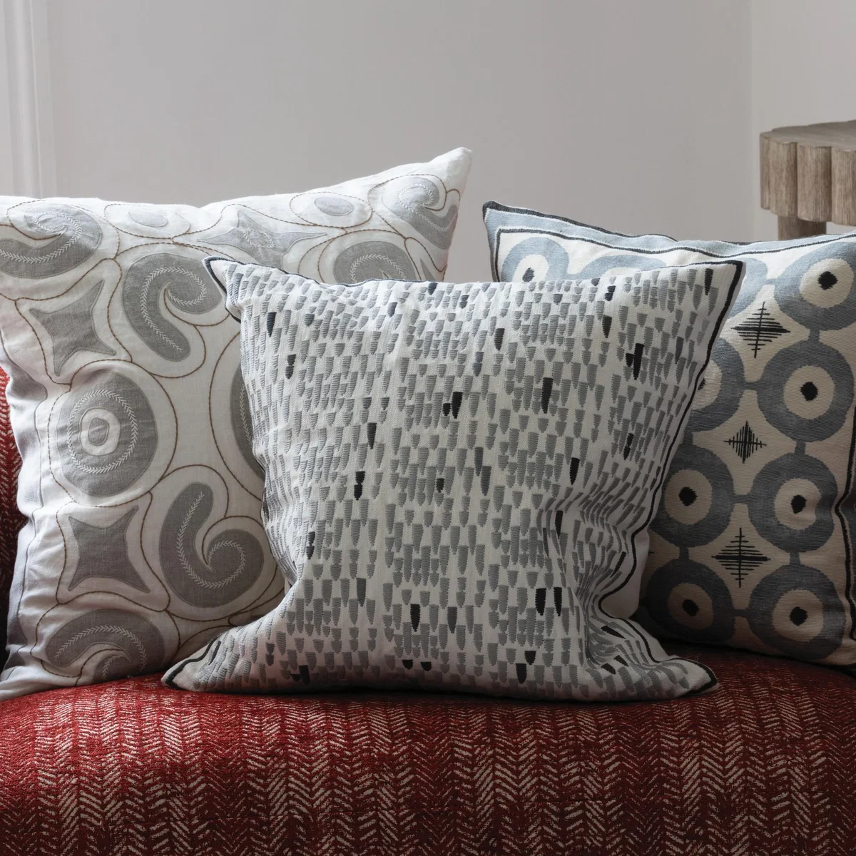 Daria Geometric Embroidered Cushion By William Yeoward in Cloud Grey&nbsp;50x50cm – image 5