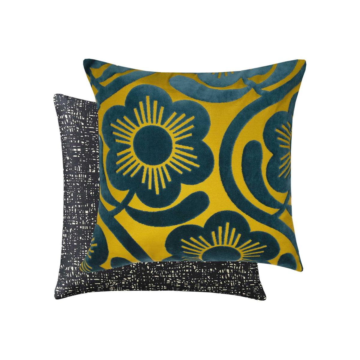 Apple blossom Velvet Cushion in Dandelion Yellow & Whale Blue by Orla Kiely
