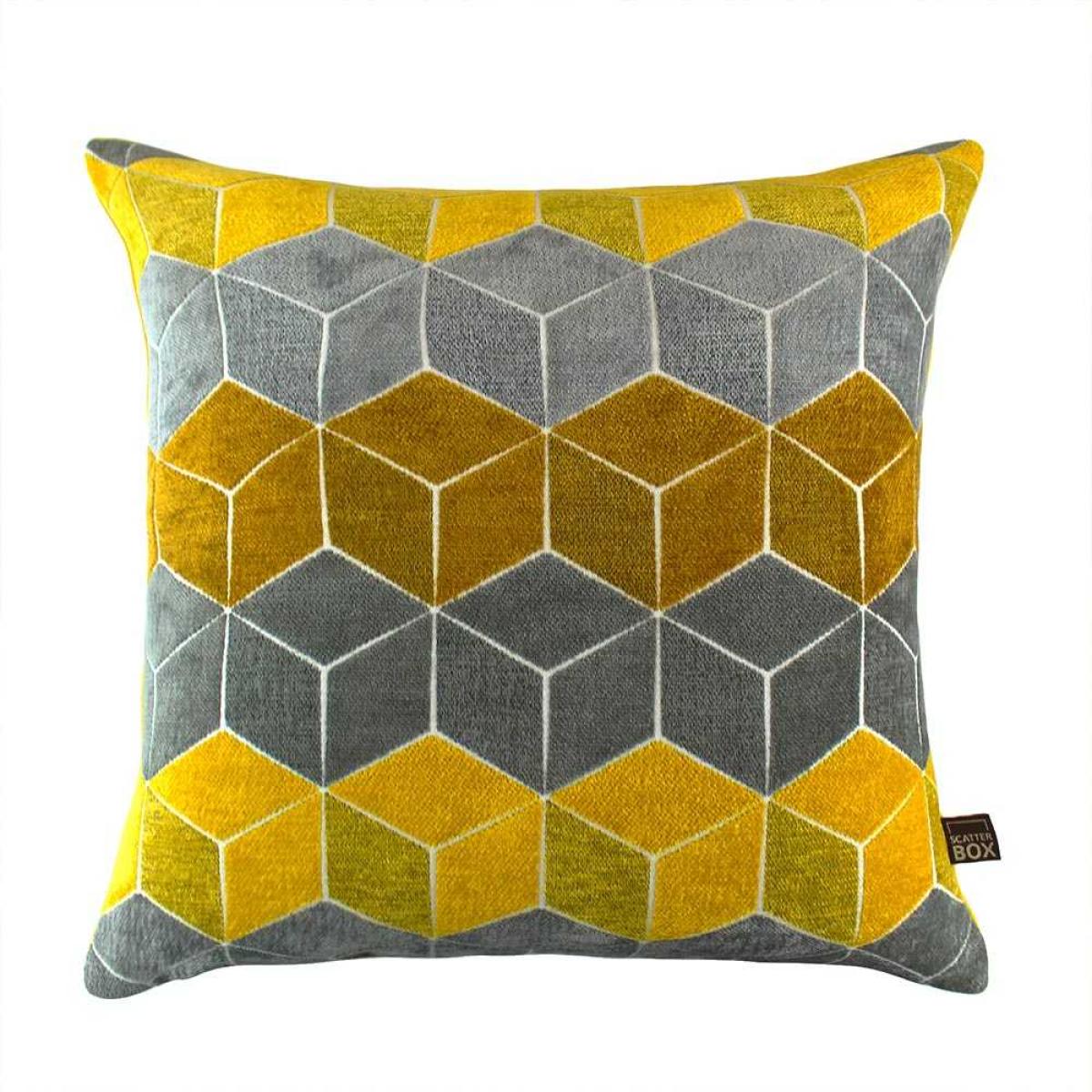 Lennox Geometric Cube Cushion in Grey Yellow – image 2
