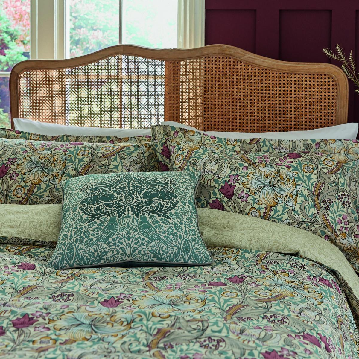 Golden Lily Bedding Throw and Cushion By Morris & Co in Fig – image 2