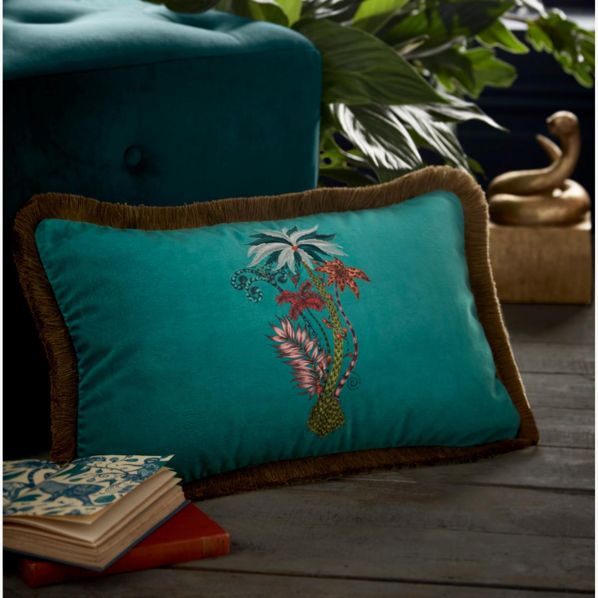 Jungle Palms Fringed Hem Cushion by Emma J Shipley in Teal Green 30x50 – image 1