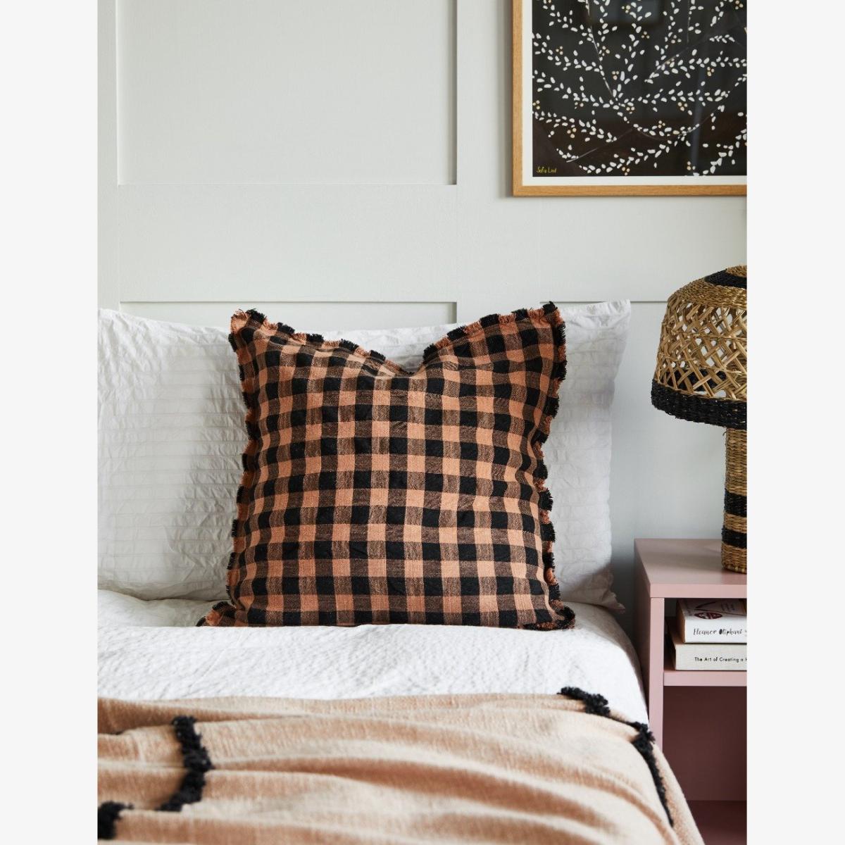 Fringe Gingham Square Cushion Black & Rust – image 1