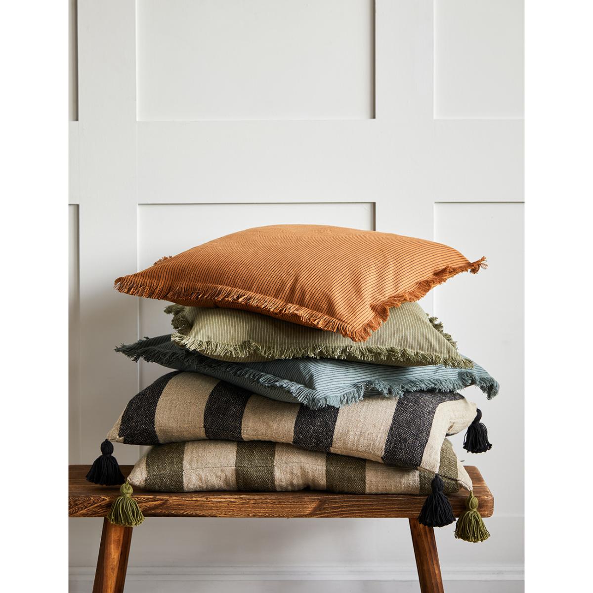 Forest Green Striped Fringed Cushion – image 3