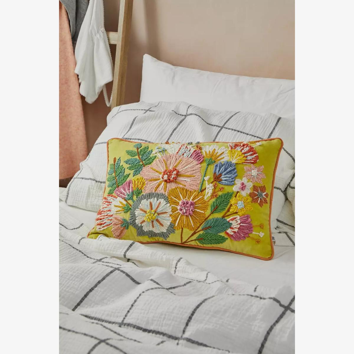 Floral Embroidered Cushion - Lime ALL at Urban Outfitters – image 1