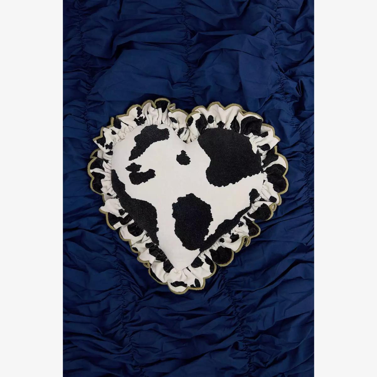 Cow Print Ruffle Heart Cushion - Black/White 40cm x 40cm at Urban Outfitters – image 1