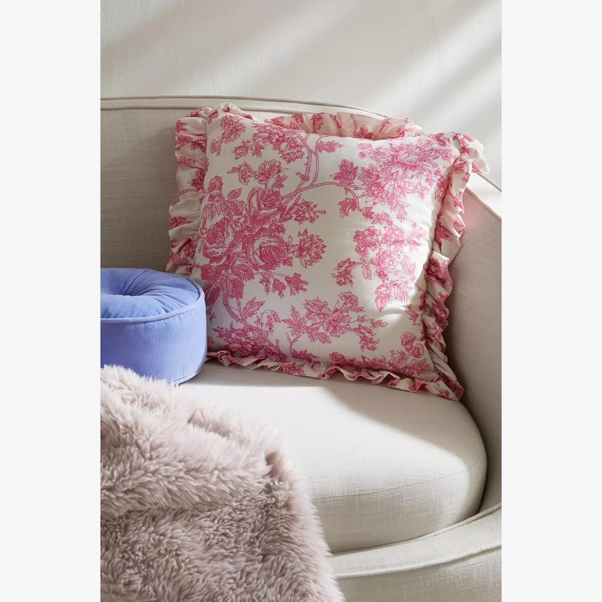 Urban Outfitters Pink Toile Ruffle Cushion - Pink 45cm x 45cm – image 1
