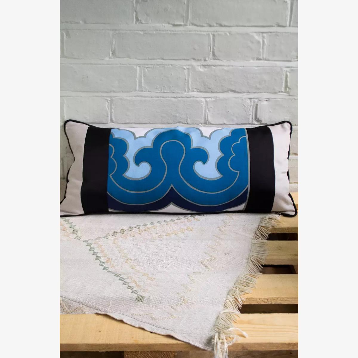 Urban Renewal One-Of-A-Kind MARGAUX Vintage Scarf Bolster Cushion - Blue 56cm x 27cm at Urban Outfitters – image 1