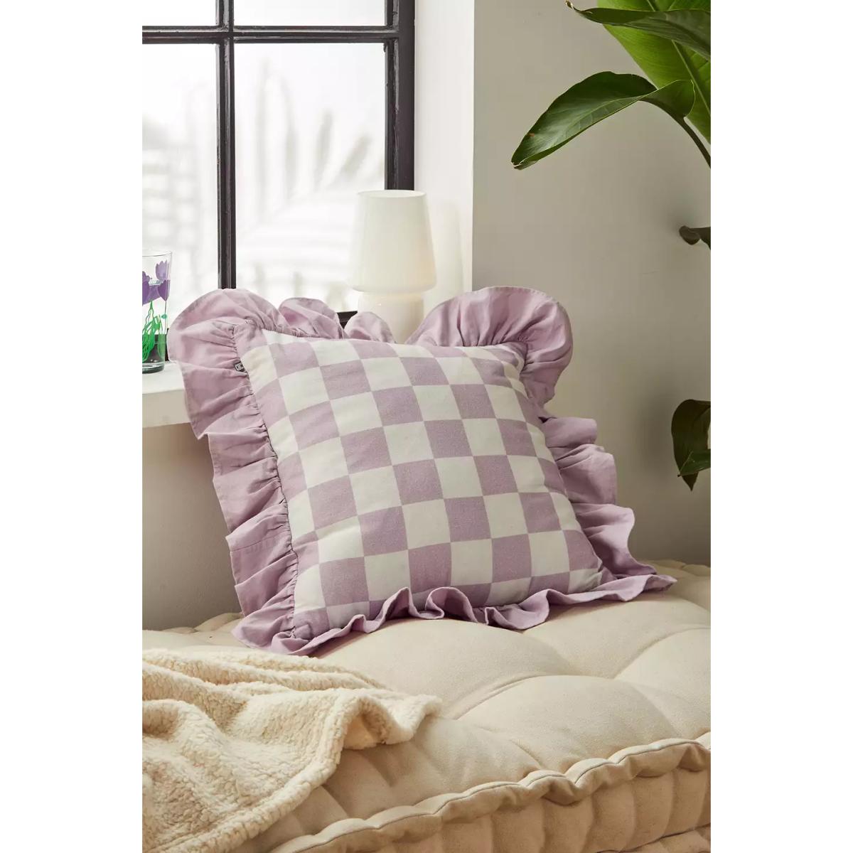 Ruffle Checkerboard Throw Cushion - Purple ALL at Urban Outfitters – image 2