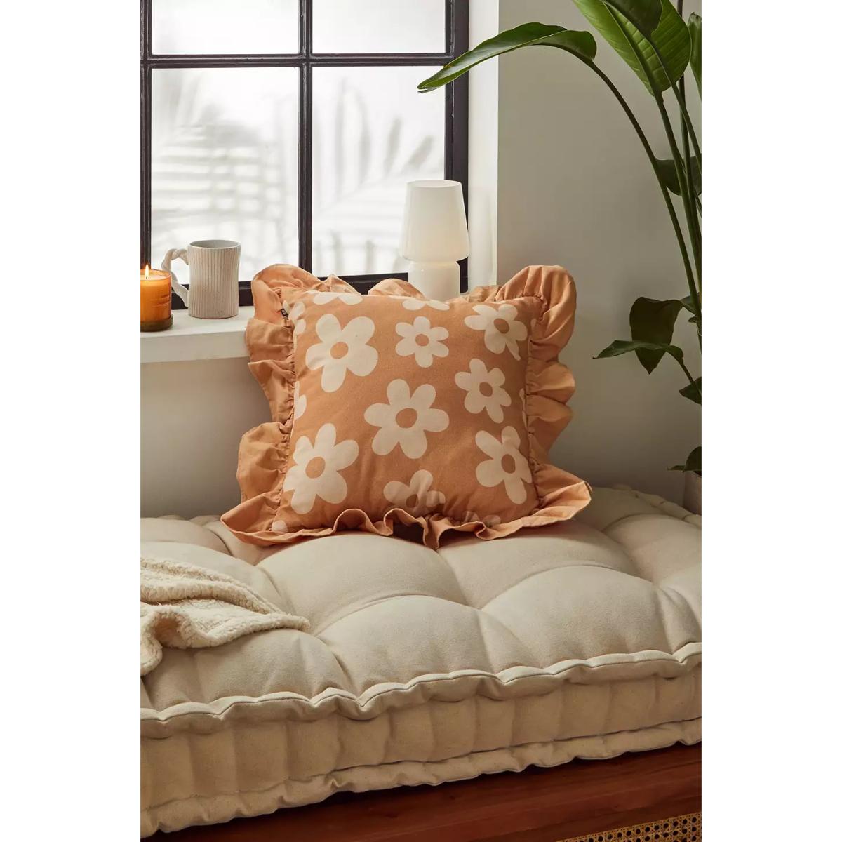 Ruffle Floral Cushion - Orange ALL at Urban Outfitters – image 2