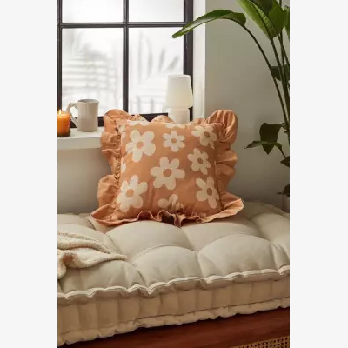Ruffle Floral Cushion - Orange ALL at Urban Outfitters – image 1
