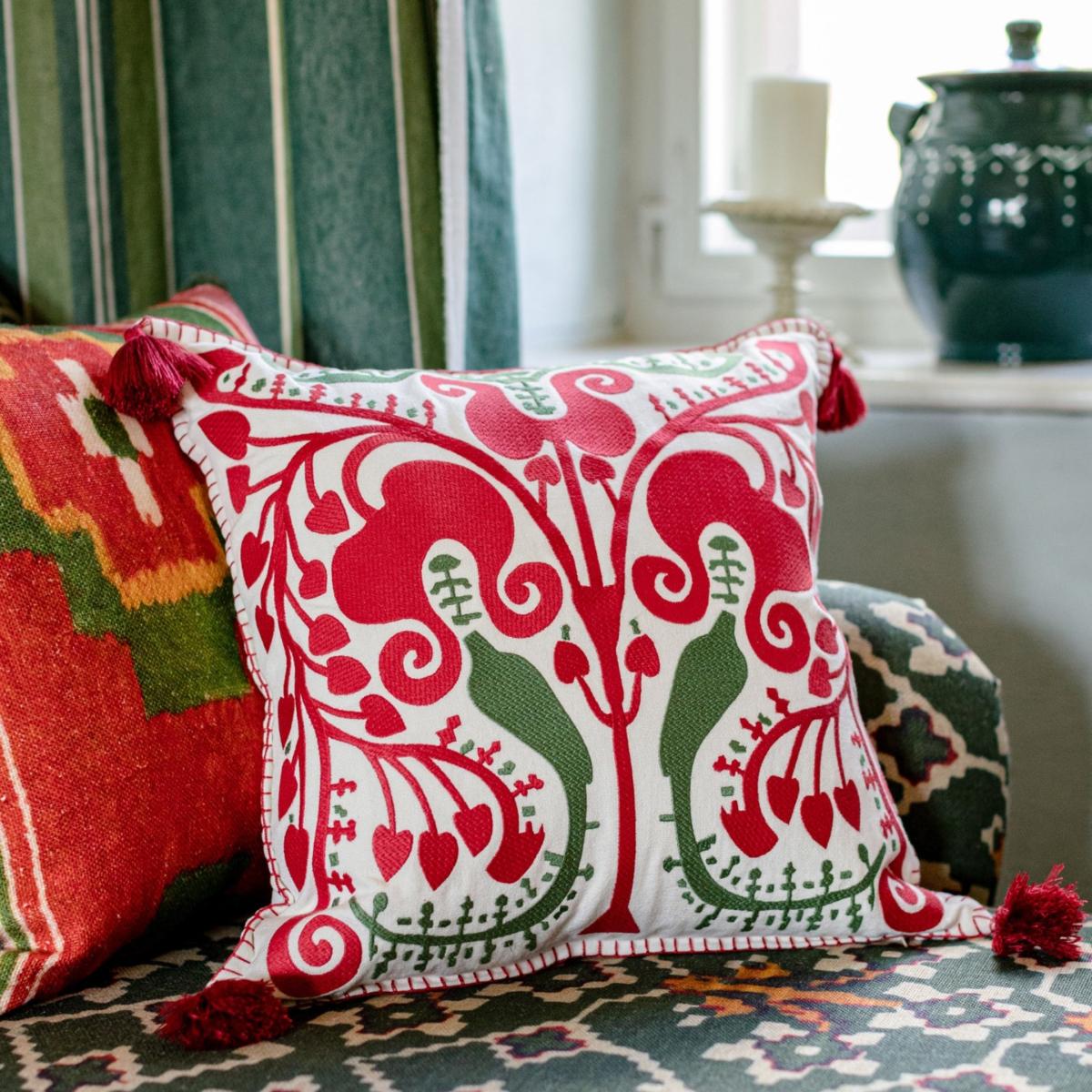 Green / White / Red Transylvanian Suzani Linen Cushion By Mindthegap – image 3