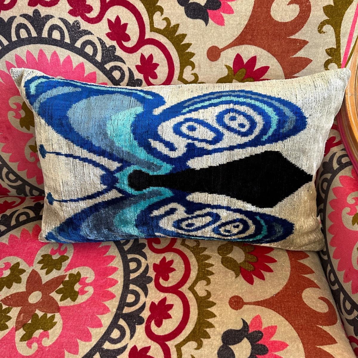 Blue / Grey Butterfly Velvet Ikat Cushion Punica – image 2
