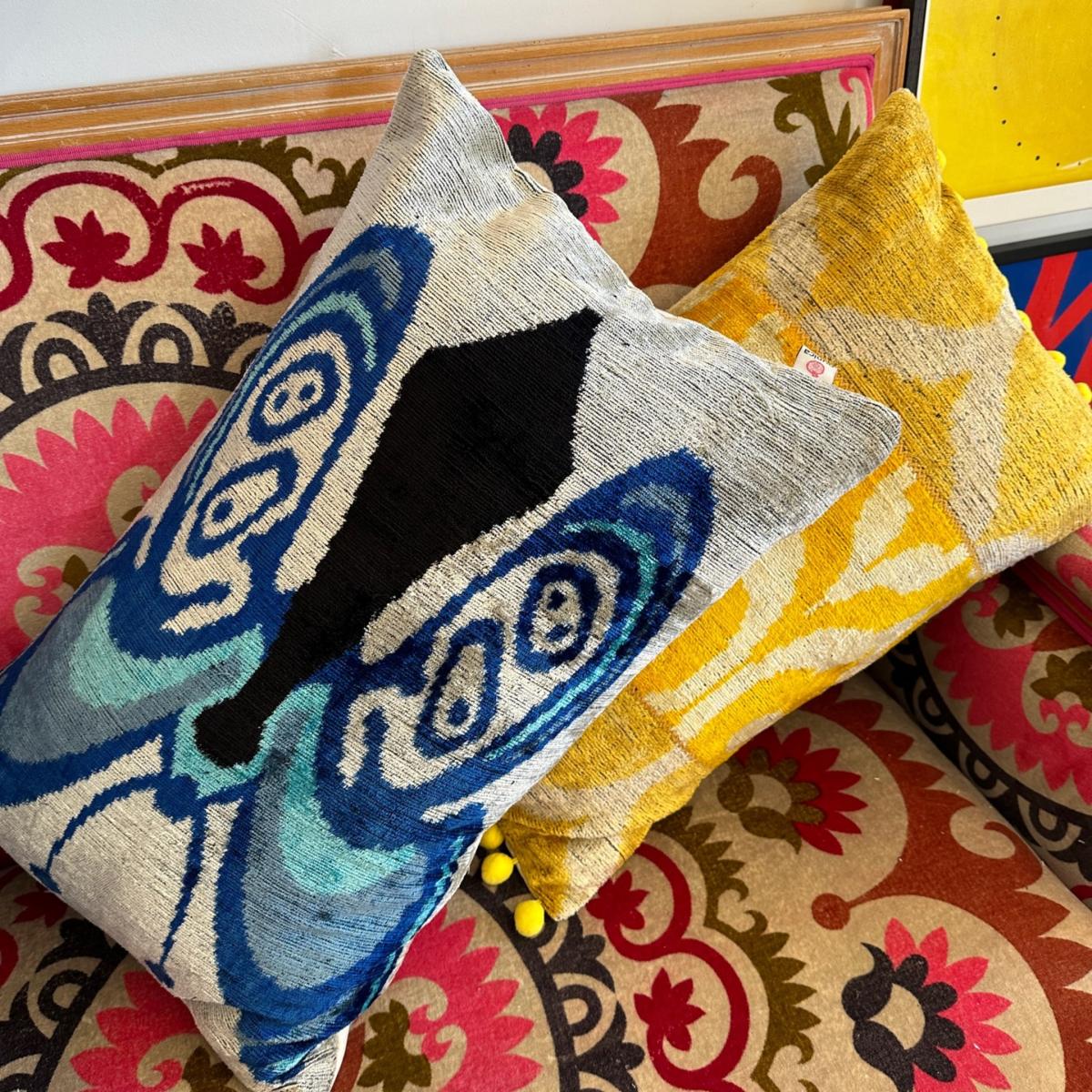 Blue / Grey Butterfly Velvet Ikat Cushion Punica – image 3