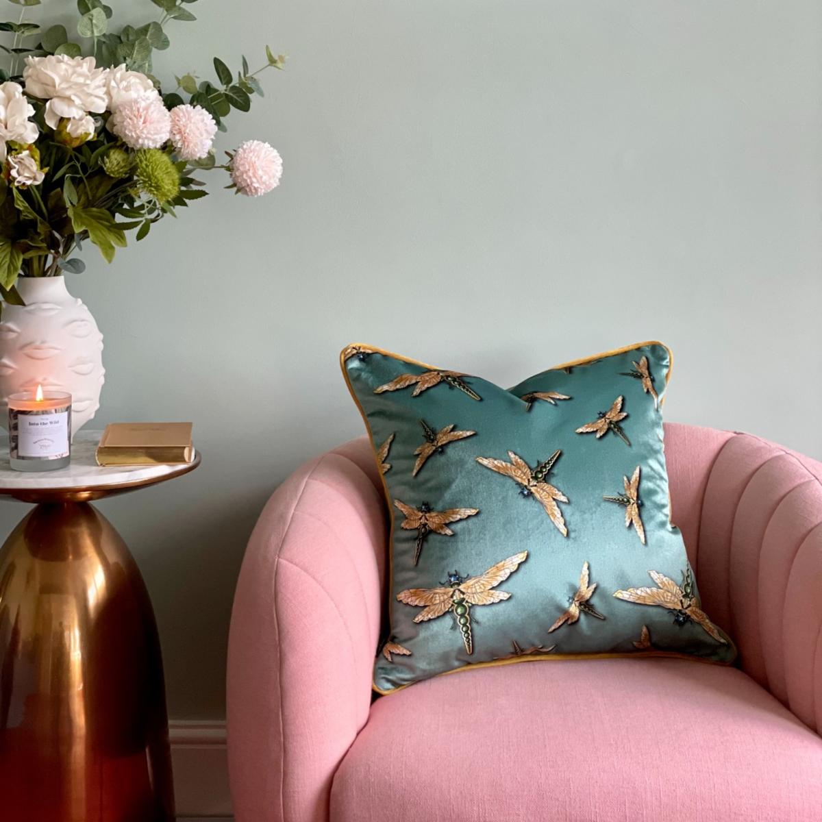 Green / Gold Dragonfly Swarm Sage Velvet Cushion The Curious Department – image 2