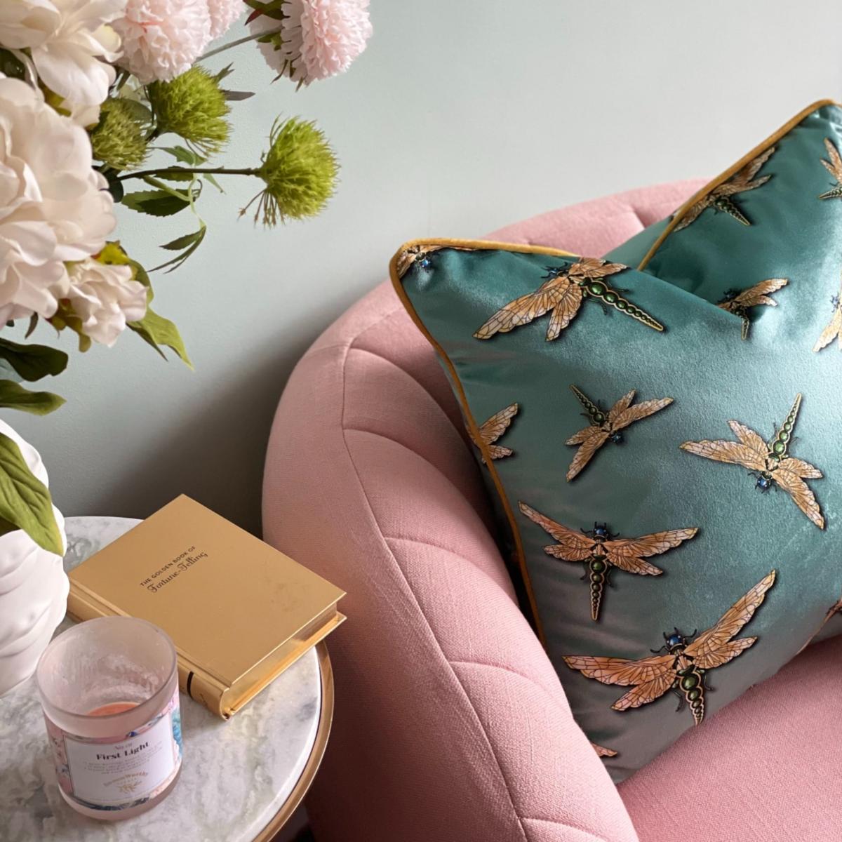 Green / Gold Dragonfly Swarm Sage Velvet Cushion The Curious Department – image 3