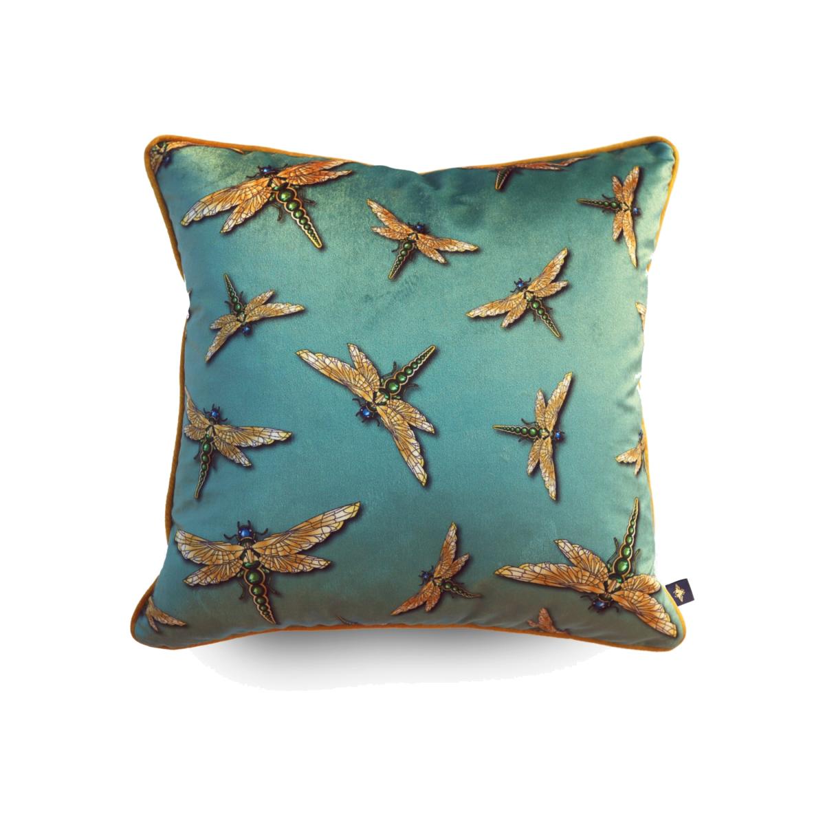 Green / Gold Dragonfly Swarm Sage Velvet Cushion The Curious Department – image 1