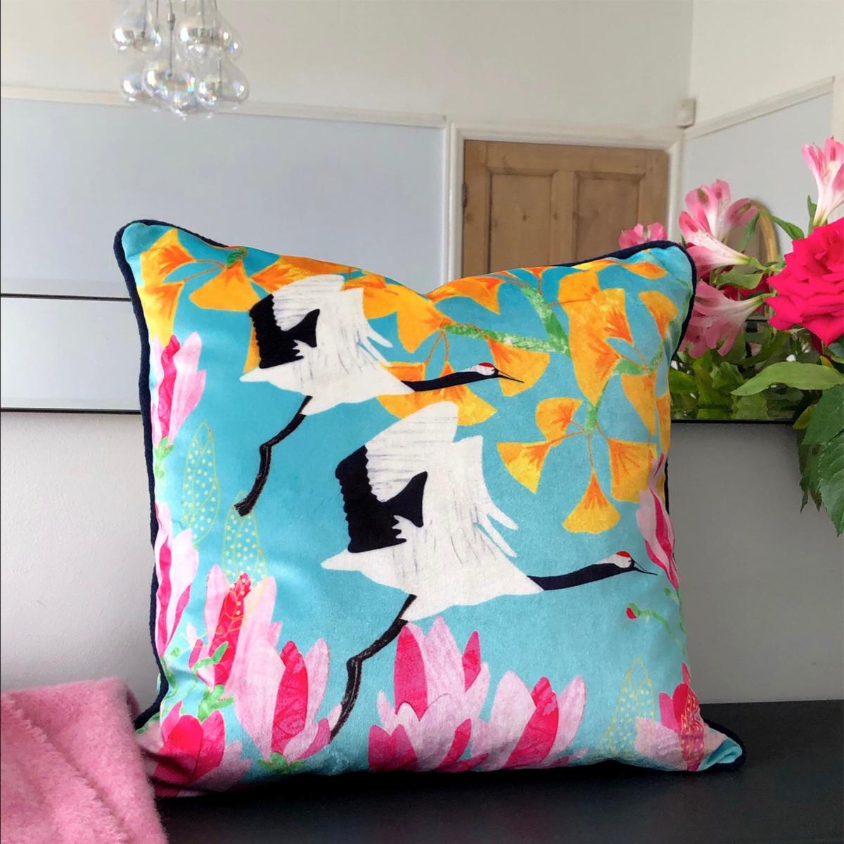 Red Crowned Cranes, Gingko & Magnolia Velvet Cushion Amanda West – image 2