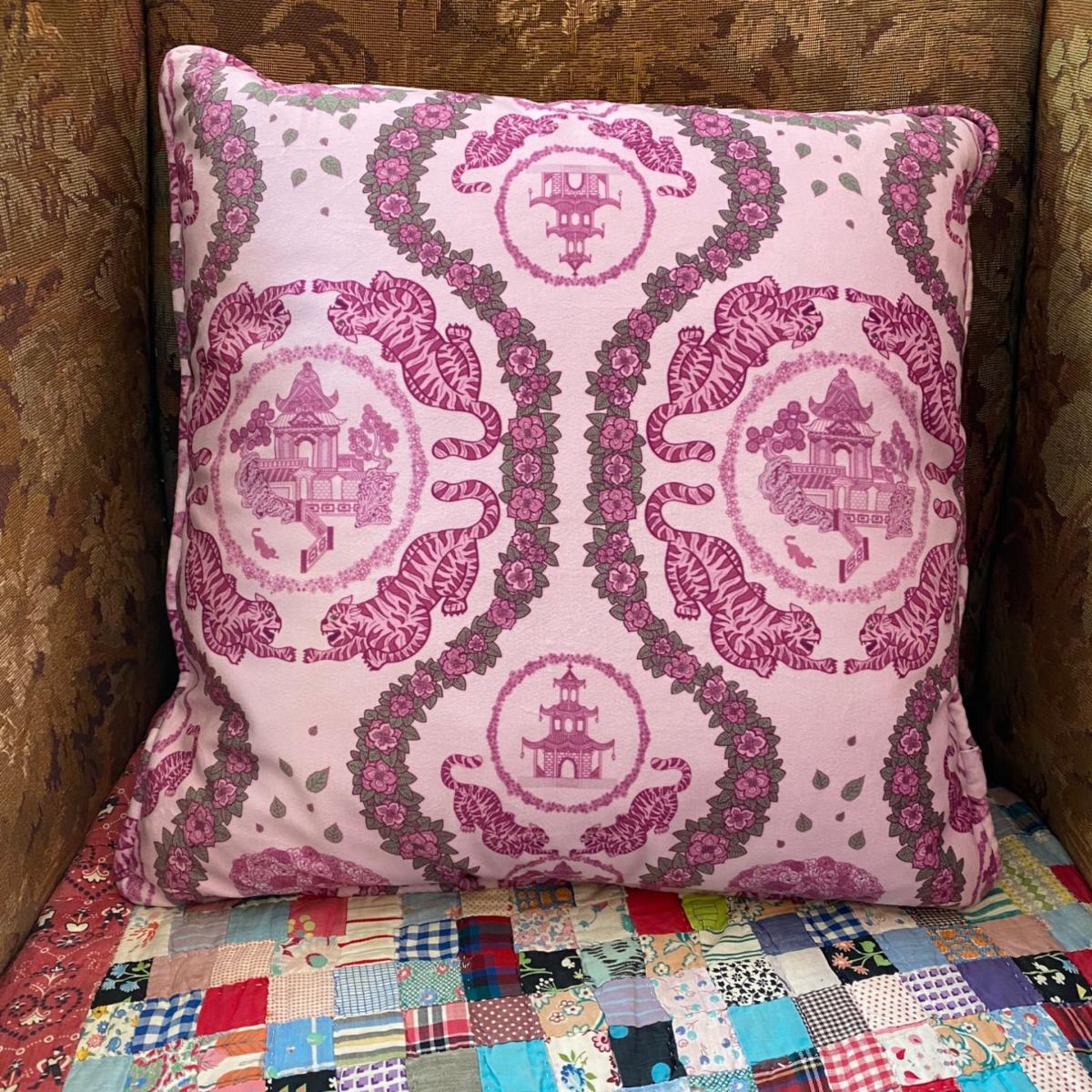 Pink / Purple Large Tiger Chinoiserie Print Pink Velvet Cushion Abigail Hardie Home – image 2