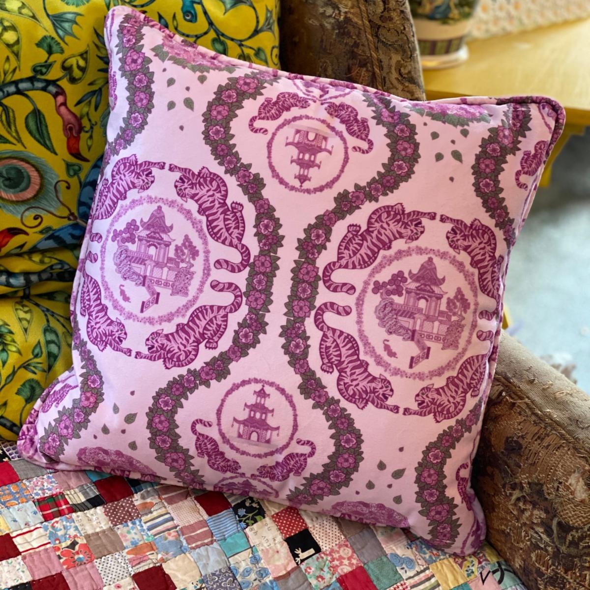 Pink / Purple Large Tiger Chinoiserie Print Pink Velvet Cushion Abigail Hardie Home – image 3