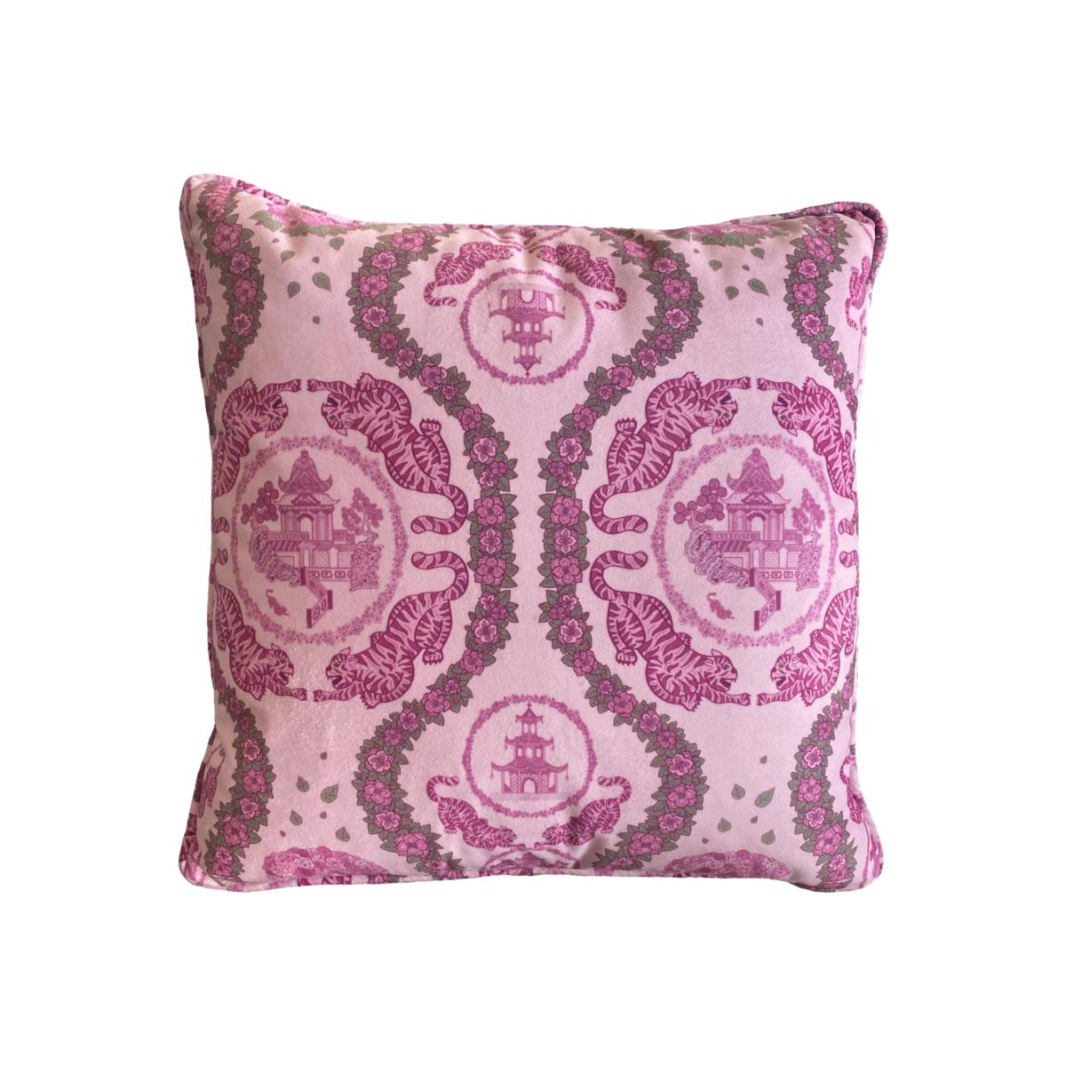 Pink / Purple Large Tiger Chinoiserie Print Pink Velvet Cushion Abigail Hardie Home – image 1