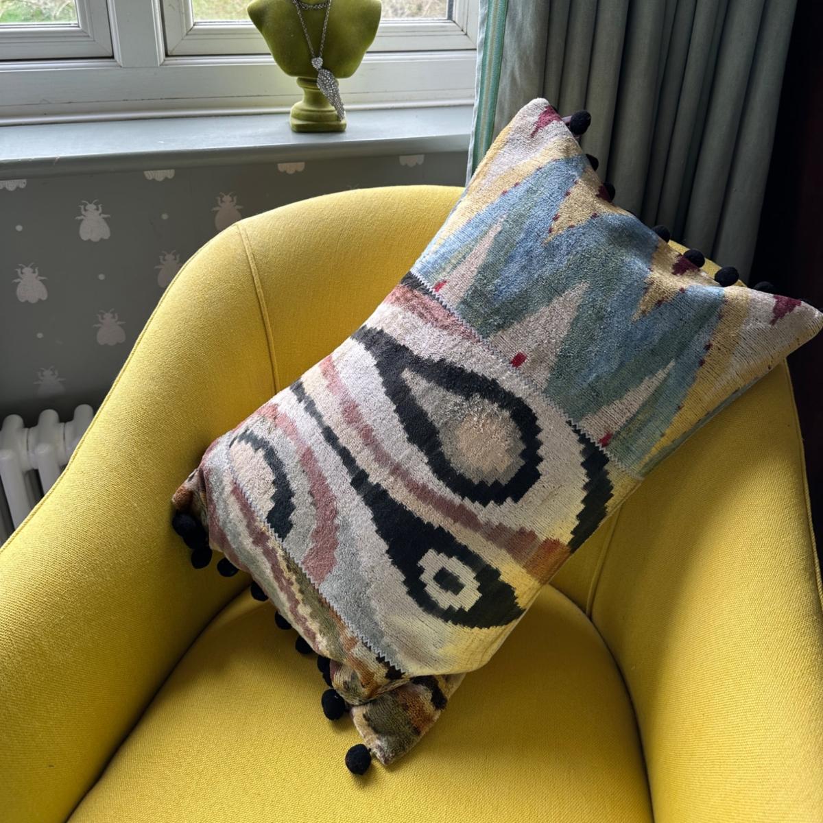 Green Stunning Patchwork Pom Pom Ikat Cushion Punica – image 2