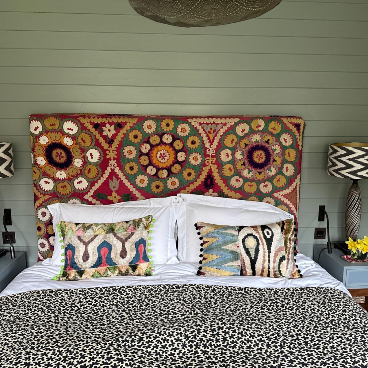 Green Stunning Patchwork Pom Pom Ikat Cushion Punica – image 3
