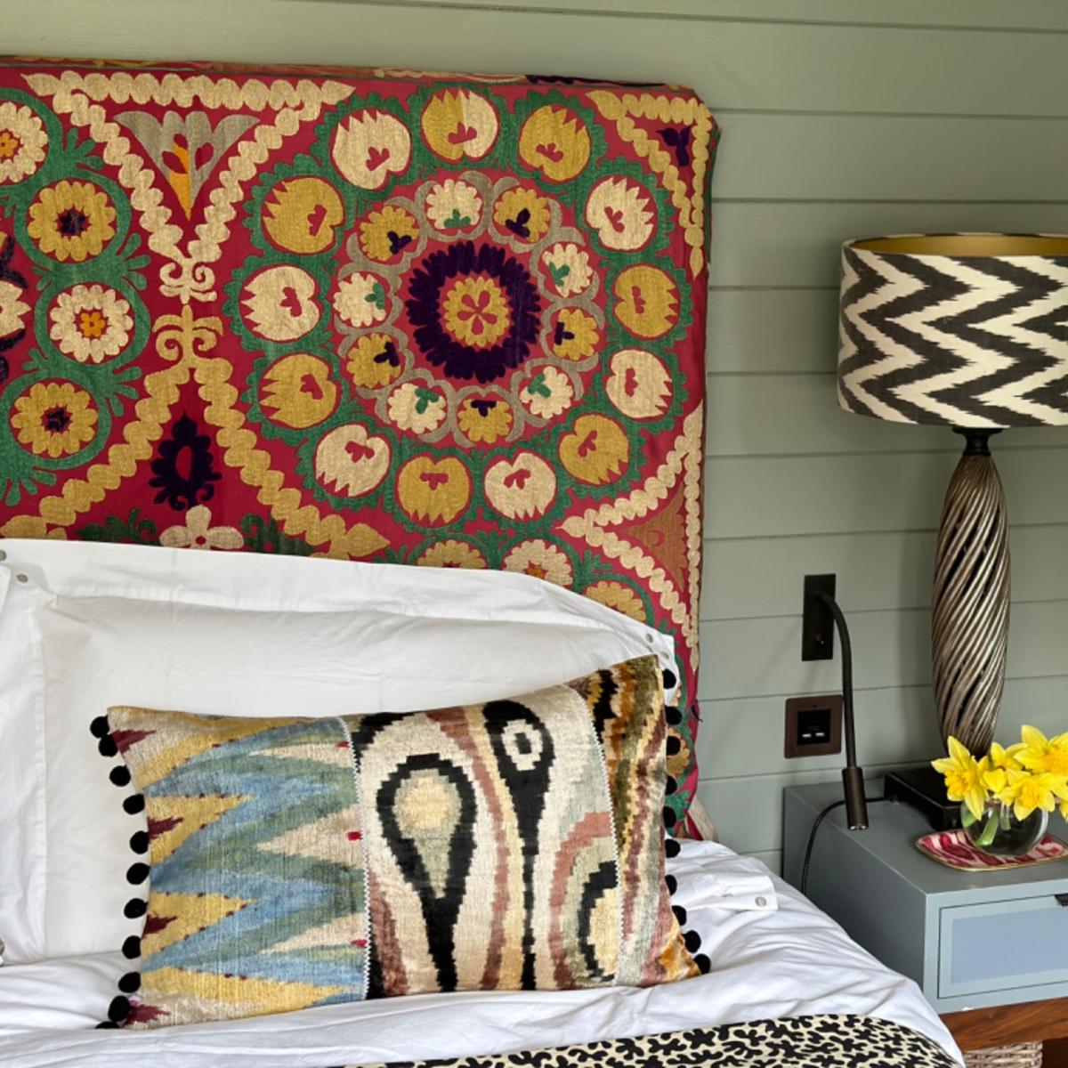 Green Stunning Patchwork Pom Pom Ikat Cushion Punica – image 4