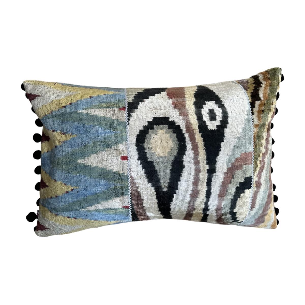 Green Stunning Patchwork Pom Pom Ikat Cushion Punica – image 1