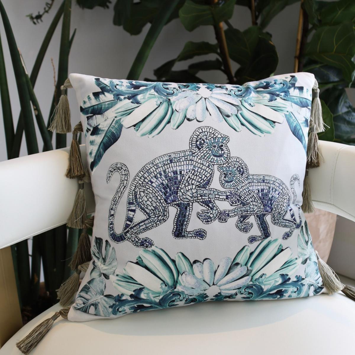 Mosaic Monkeys Cotton Cushion With Long Linen Tassel Fringe Cassandra Hone – image 2
