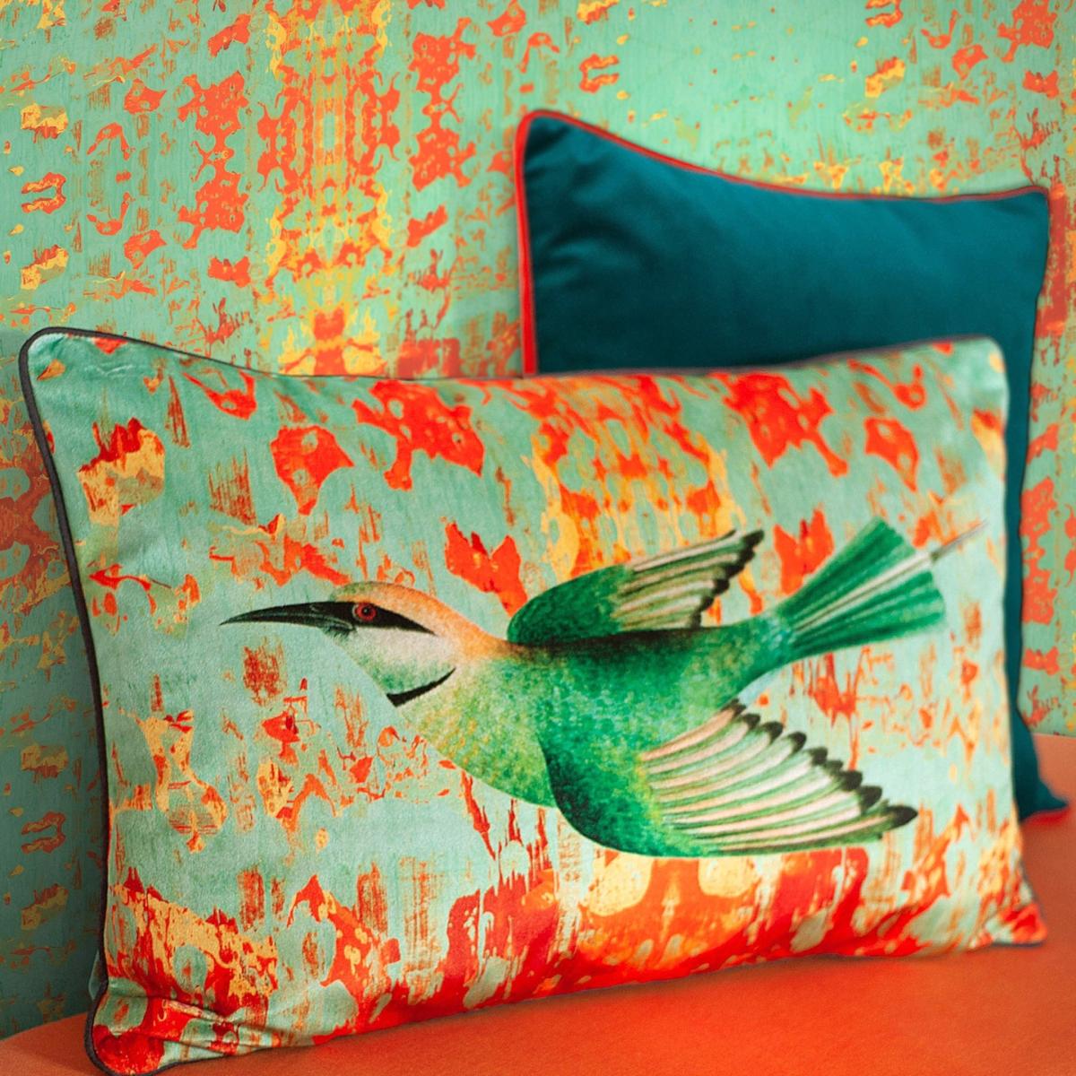 Yellow / Orange / Green Little Bee-Eater Velvet Cushion Susi Bellamy – image 2