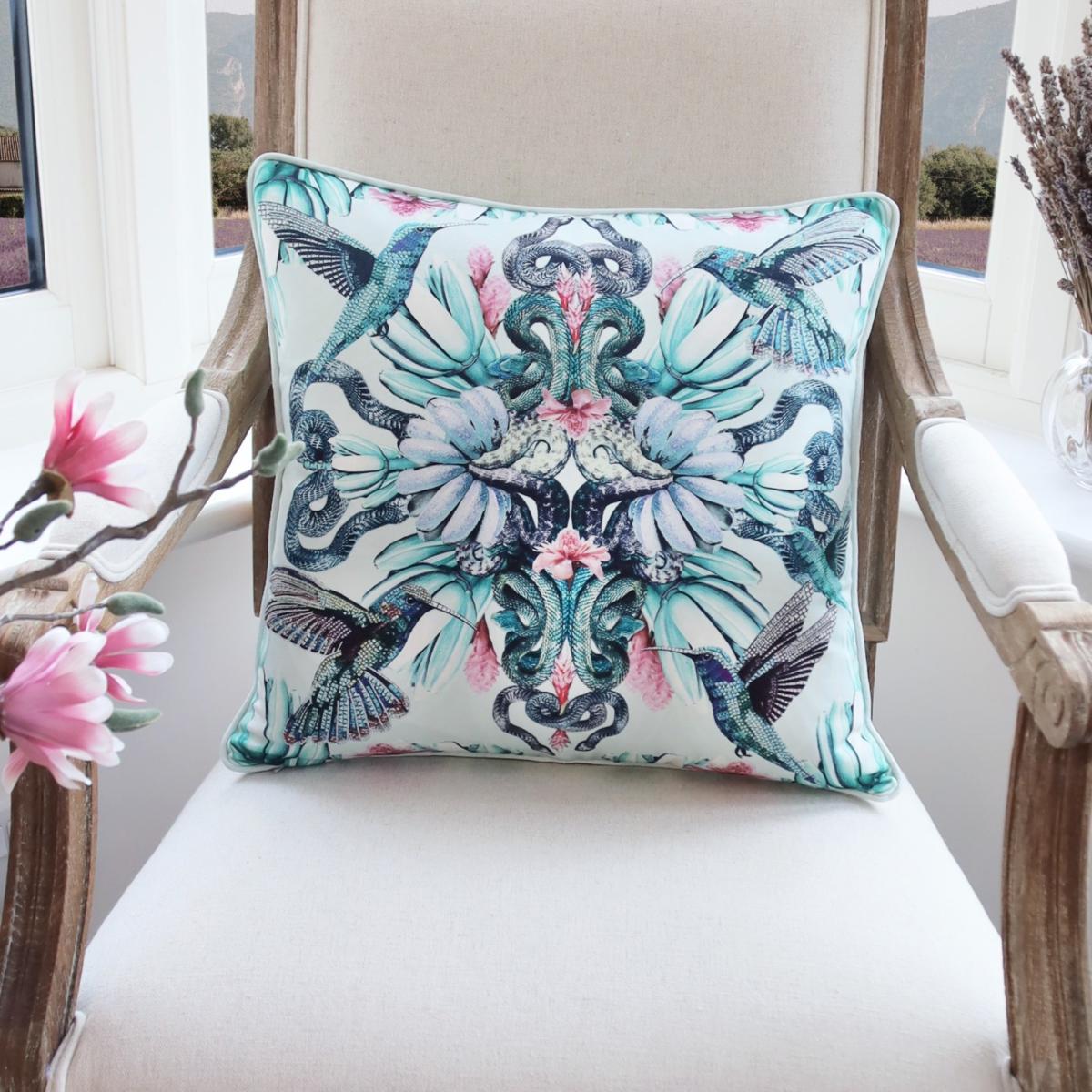 Mosaic Hummingbird And Snake Cotton Cushion Cassandra Hone – image 2