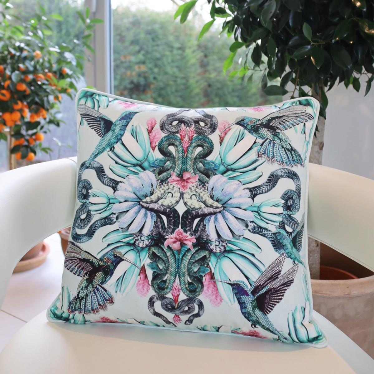 Mosaic Hummingbird And Snake Cotton Cushion Cassandra Hone – image 3