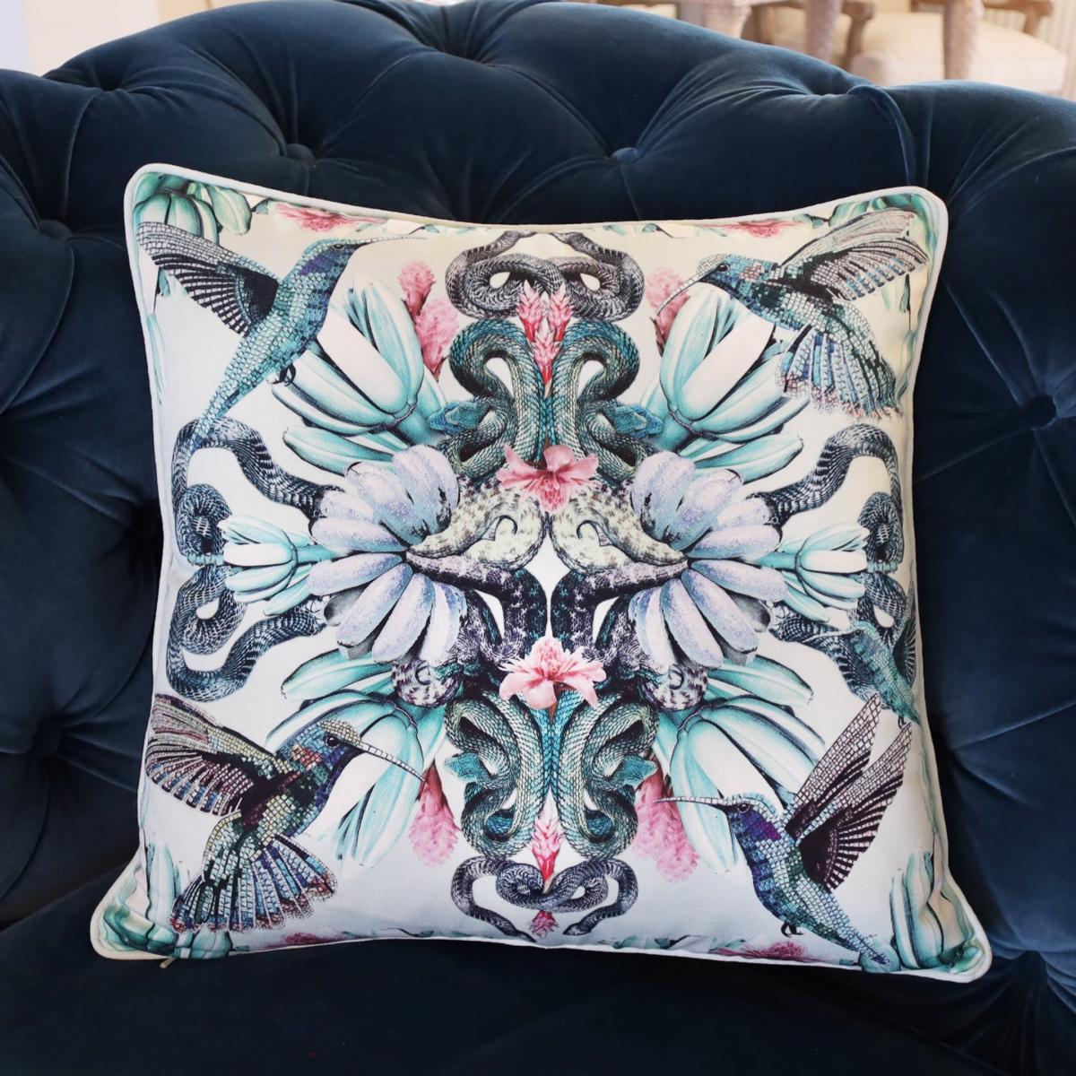 Mosaic Hummingbird And Snake Cotton Cushion Cassandra Hone – image 4