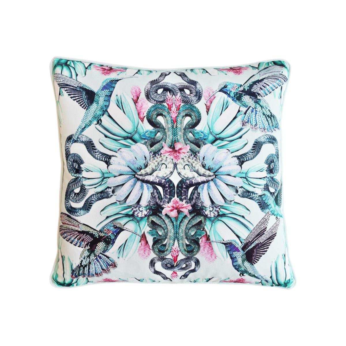 Mosaic Hummingbird And Snake Cotton Cushion Cassandra Hone – image 1