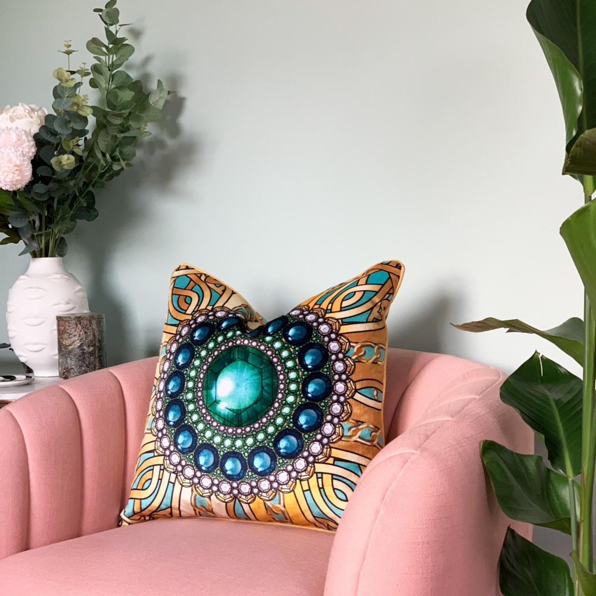 Gold / Green / Blue Zellandine's Emerald Brooch Velvet Cushion The Curious Department – image 2